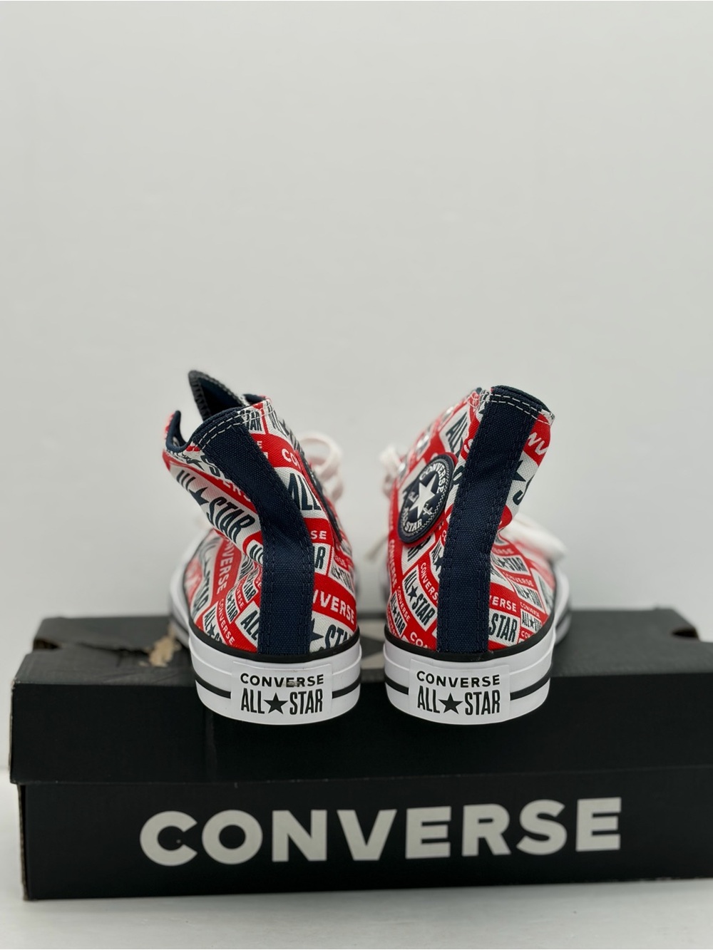 Converse Women’s High Top Sneakers - Red, White, Navy Logo Print - Picture 4 of 8